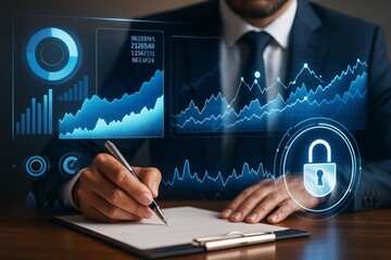 Businessman analyzing financial data with security lock icon and charts on digital interface in futuristic business background with blue light glow.