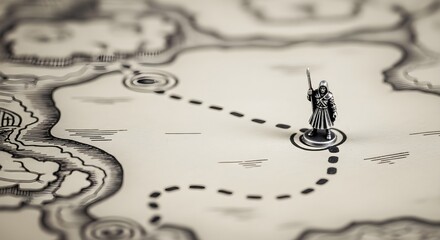 Miniature knight figurine standing on a vintage map with a dotted path