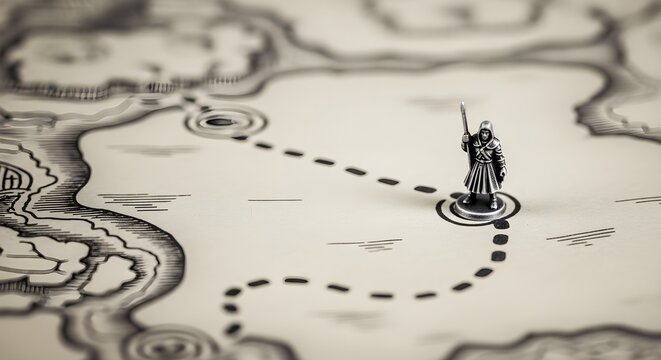 Fototapeta Miniature knight figurine standing on a vintage map with a dotted path