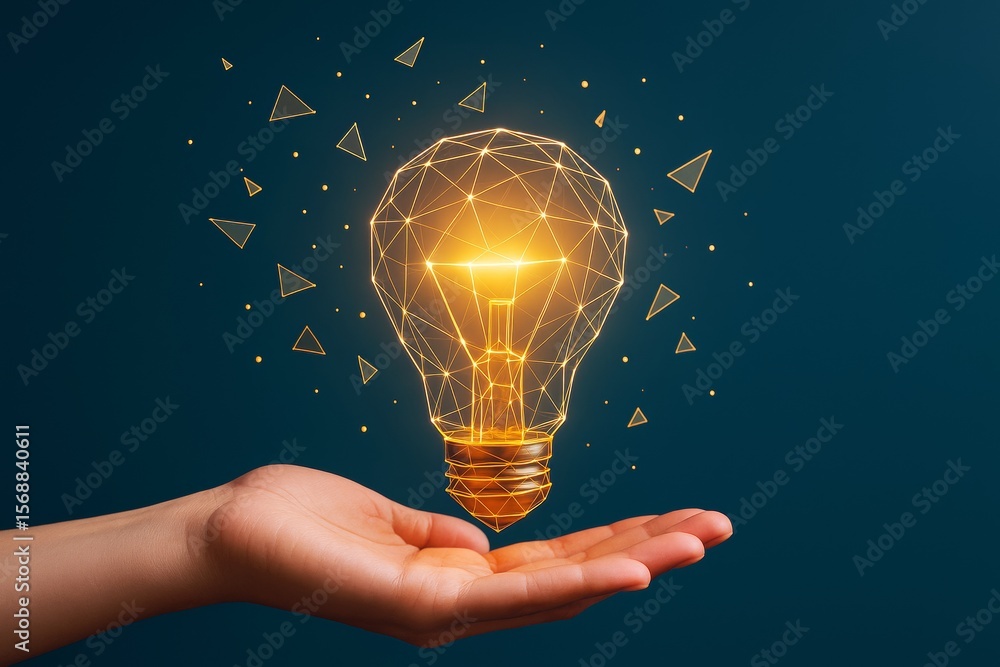 Poster Glowing geometric light bulb floating above open hand on dark background symbolizing business creativity and innovation concept in modern style.