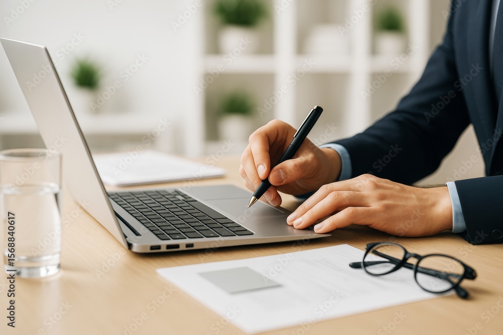 Poster businessperson working on laptop at desk with documents and glasses on light background in modern of