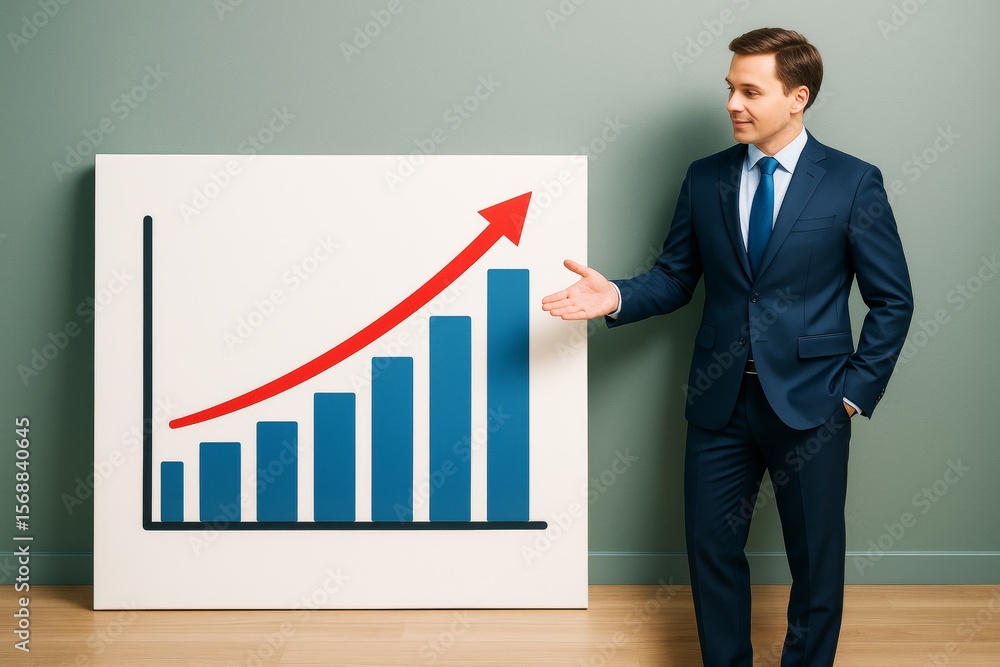 Poster businessman in suit presenting upward graph on chart board with light green background, symbolizing 