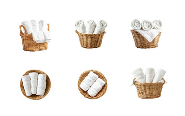 Collection of white hand towels in a wicker basket top view isolate on transparency background