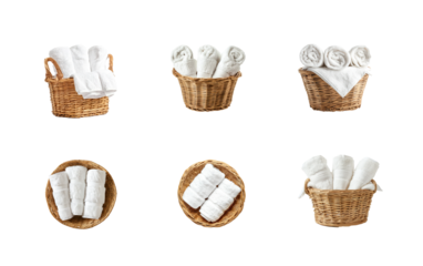 Collection of white hand towels in a wicker basket top view isolate on transparency background