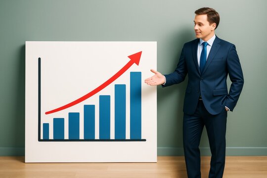 Businessman in suit presenting upward graph on chart board with light green background, symbolizing growth and success in business concept.