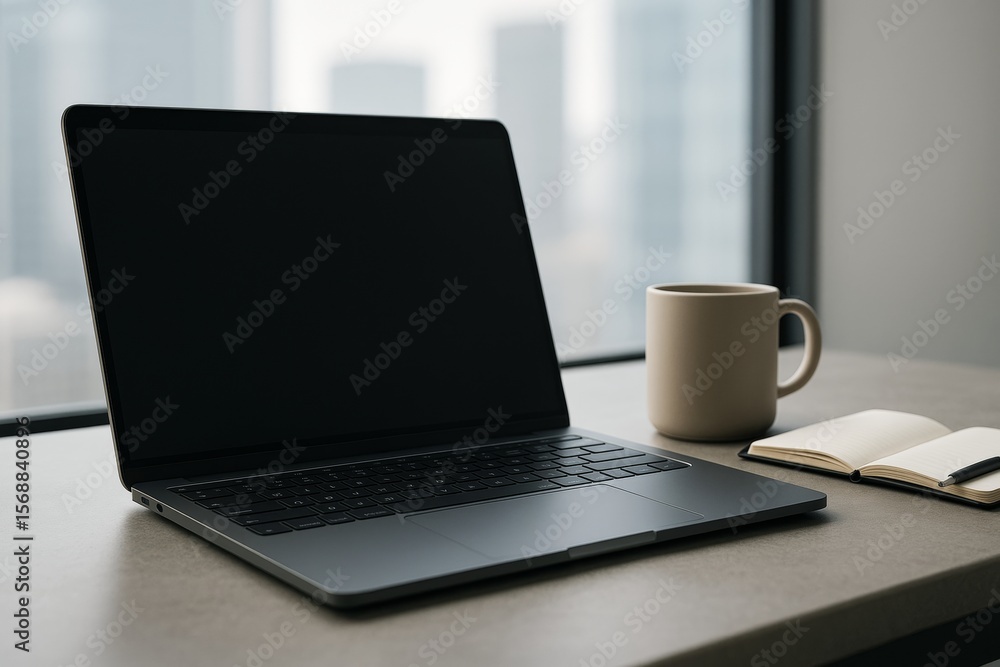 Poster Modern workspace setup with laptop, coffee mug, and notebook on desk near window with city buildings in soft background light. Ai generative.