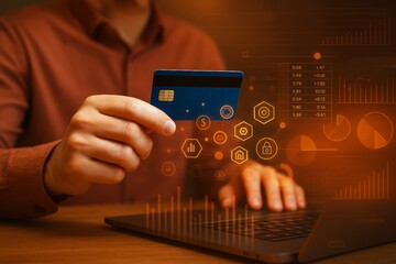 Man holding credit card in hand while using laptop with futuristic business data graphics and glowing icons on abstract light background.