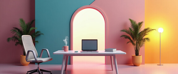 Modern minimalist home office workspace laptop chair plants and arched doorway