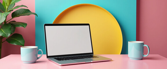 Laptop with Blank Screen Two Mugs and Plant on Pink Table Yellow and Teal Background