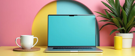 Laptop with teal screen on yellow desk pink yellow and teal background mug and plant