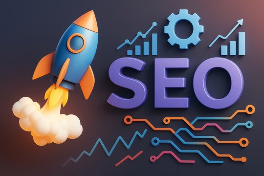 Colorful SEO concept with rocket launch and analytics icons on dark background symbolizing digital marketing strategy and growth. Ai generative.