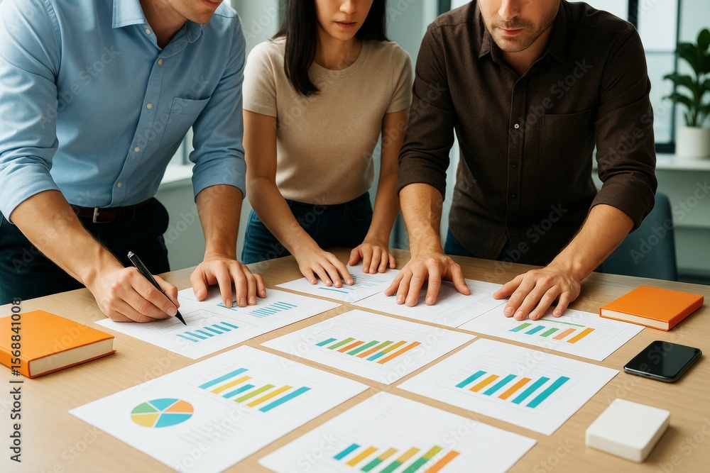 Poster team of professionals analyzing colorful business charts and financial data on a wooden desk in a li