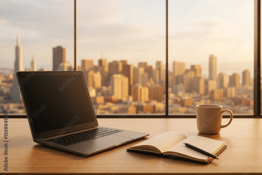Poster Modern workspace with laptop, notebook, and coffee cup in front of window overlooking city skyline during golden hour light. Ai generative.