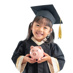 Smiling little girl wearing graduation gown uniform standing with hand holding piggy bank isolate on transparency background
