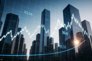 Abstract financial graph over modern city skyscrapers with light effects on business background reflecting economic growth and stock market trends.