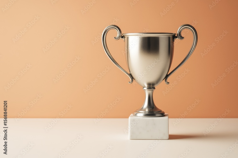 Aufkleber Silver trophy on marble base standing on clean surface with peach background for business promotion or branding concept with copy space.