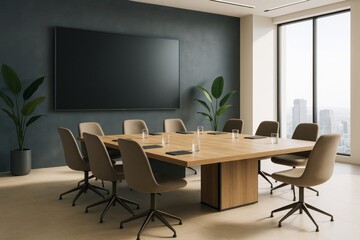 Modern conference room interior with wooden table, office chairs, large screen, and city view through windows in daylight. Clean business concept.