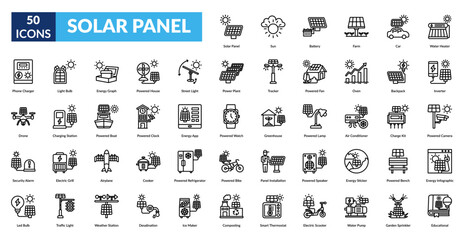 SOLAR PANEL line icon set. Solar Panel, Sun, Battery, Farm, Car, Water Heater, Phone Charger