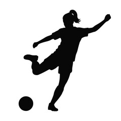 Silhouette of a female soccer player kicking a soccer ball