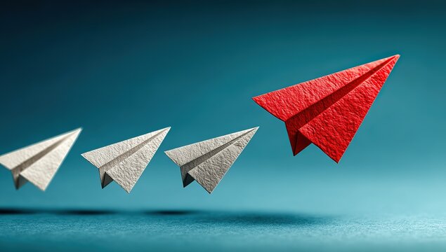 An image of red and white paper planes against a blue background, used for teamwork, leadership concepts, and corporate culture promotion.
