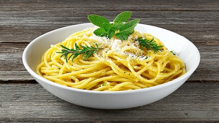 A bowl of spaghetti aglio e olio with herbs and cheese.