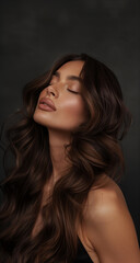 Fototapeta premium Elegant portrait of a confident woman in a black dress with graceful hair