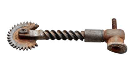 Mechanized Gear in Focus: A detailed view showcases a vintage, rusted mechanized gear with a spiraled drive and intricate structure, set against a clear backdrop.
