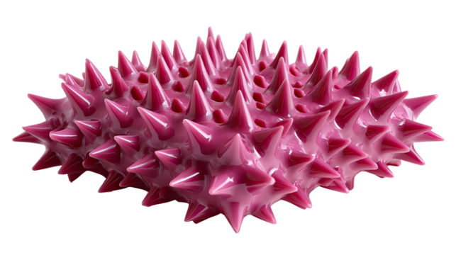 Pink Spiked Orb: A striking pink orb covered in sharp spikes, resembling a stylized virus or sea urchin, casts dramatic shadows.
