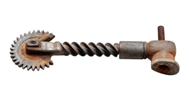 Mechanized Gear in Focus: A detailed view showcases a vintage, rusted mechanized gear with a spiraled drive and intricate structure, set against a clear backdrop.