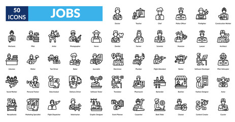 jobs line icon set. Doctor, Teacher, Chef, Police Officer, Firefighter, Construction Worker, Mechanic