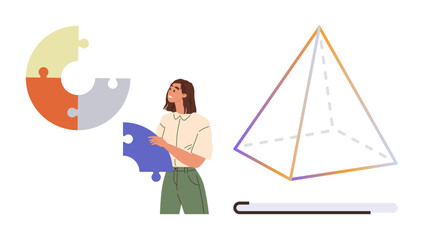 Woman placing blue puzzle piece with segmented pie chart, pyramid diagram, and geometric stick nearby. Ideal for teamwork, creativity, education, puzzles, geometry, problem-solving simple flat