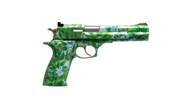Flora Gun: A handgun, artistically adorned with a delicate floral design, stands out as a symbol of power transformed by beauty.
