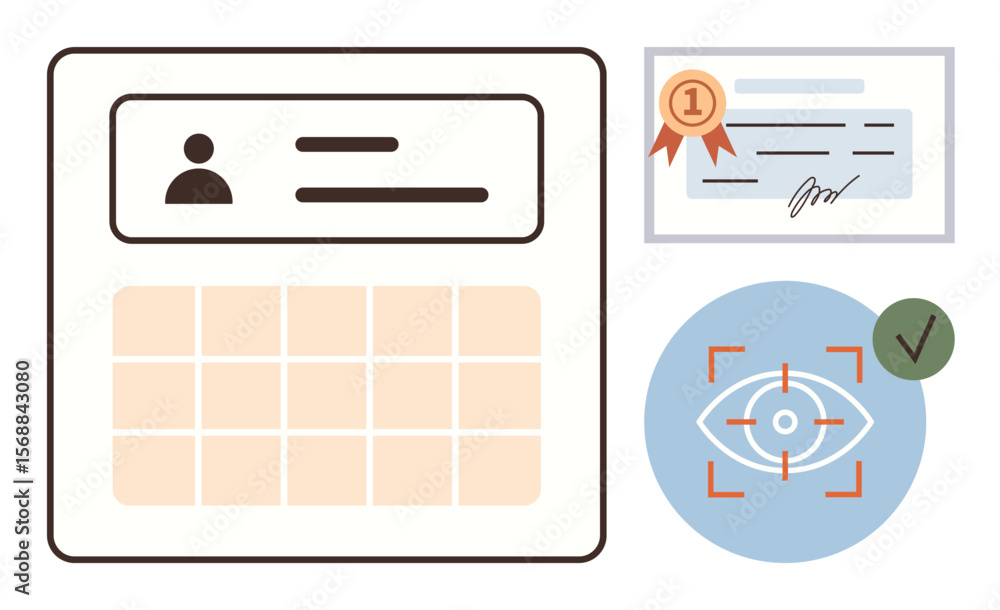 Poster personal profile with grid layout, certified document, biometric eye scan, and validation symbol. id