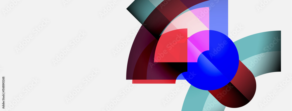 Poster abstract composition. overlapping colorful shapes create dynamic visual effect. red, blue, teal domi