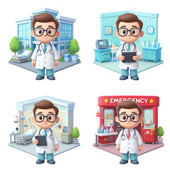 Cartoon Male Doctor in Medical Settings in Modern Hospital and Emergency Room