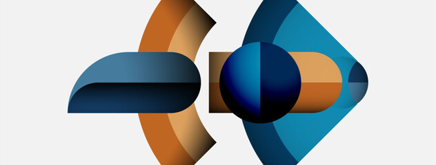 Abstract shapes overlap, creating dynamic composition. Blue, orange hues dominate clean white background. Modern design elements present.