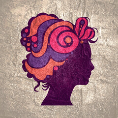 Stylized silhouette featuring an intricate and vibrant colorful hair design concept. Avatar profile sign decorated by ornamental pattern. Young woman face side view icon.