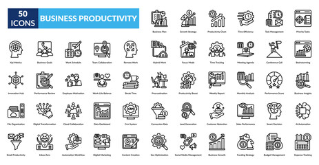 business productivity line icon set. Business Plan, Growth Strategy, Productivity Chart, Time Efficiency, Task Management, Priority Tasks, KPI Metrics