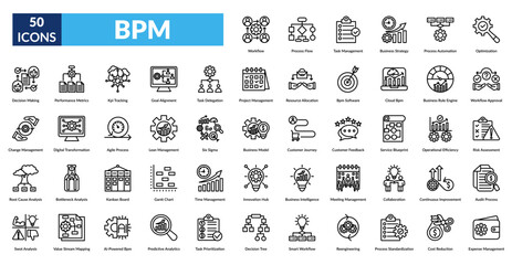 business process management line icon set. Workflow, Process Flow, Task Management, Business Strategy, Process Automation, Optimization, Decision Making