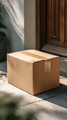 Package delivery awaits at the front door on a sunny day