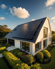 Modern Eco-Friendly House with Solar Panels on Roof in Lush Garden