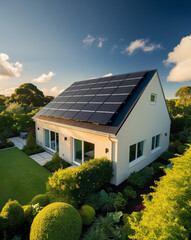 Modern Eco-Friendly House with Solar Panels on Roof in Lush Garden
