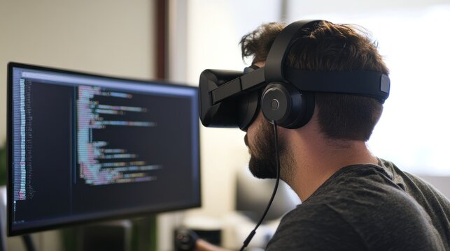 Person wearing vr headset looking at computer screen
