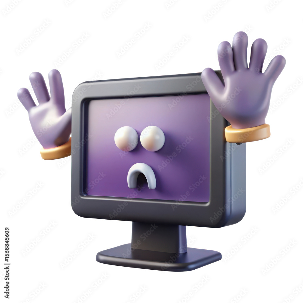 Poster 3d cartoon computer character with purple hands raised in surrender or fear isolated on transparent 