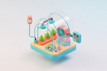 3D rendering of a smart greenhouse environment, featuring a clear dome, growing plants in pots, hanging grow lights, an orange fan, and an LED control panel.