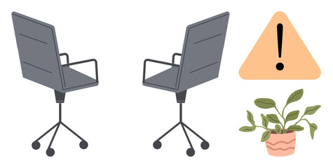 Fototapeta premium Two swivel office chairs, caution sign, and a potted plant. Ideal for workplace safety, office ergonomics, productivity, risk management, work-life balance, organization simple flat metaphor
