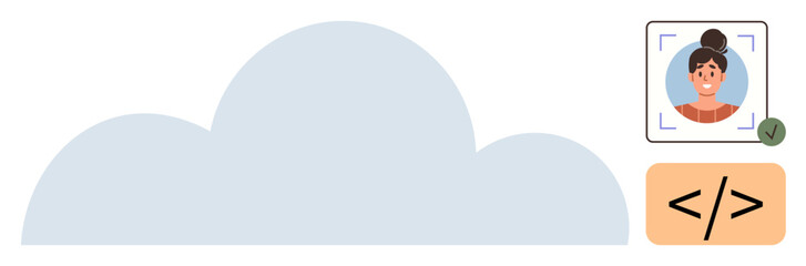 Cloud graphic with user profile verification and coding tag. Ideal for technology, data security, cloud computing, programming, authorization, digital transformation, simple flat metaphor