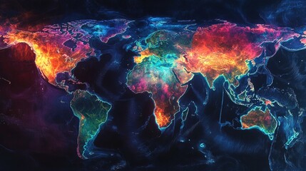 A satellite image showing neon-glowing global trade routes interconnecting continents