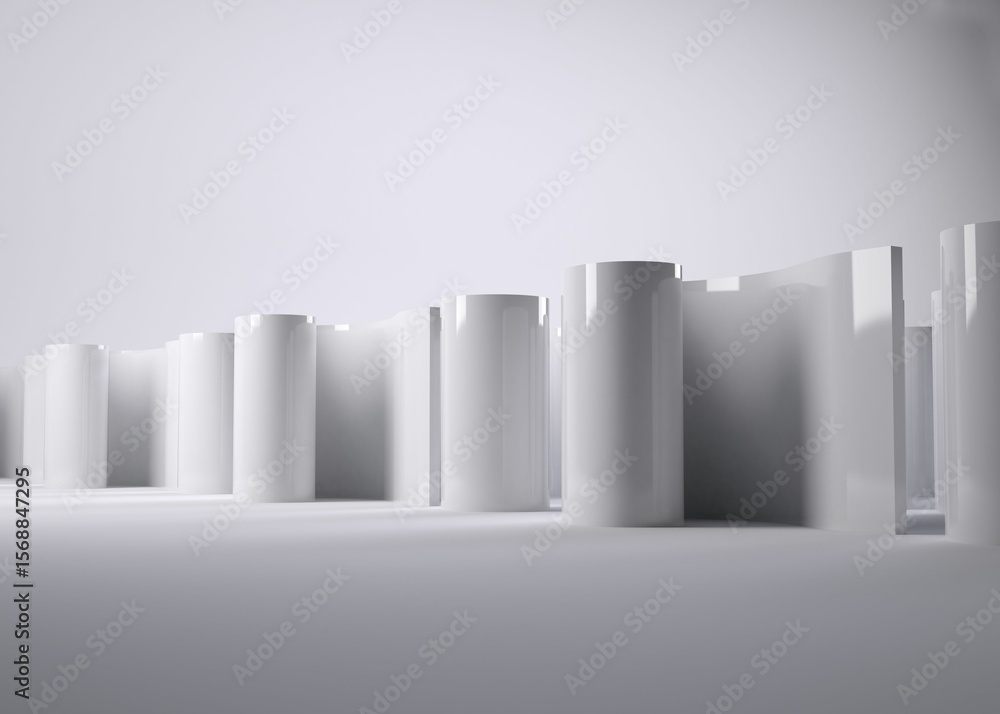 Poster minimalist 3d render is featuring glossy cylinders forming wave on white gradient backdrop