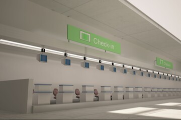 Flat design airport check-in hall is featuring counter partitions, chairs, monitors, green signage